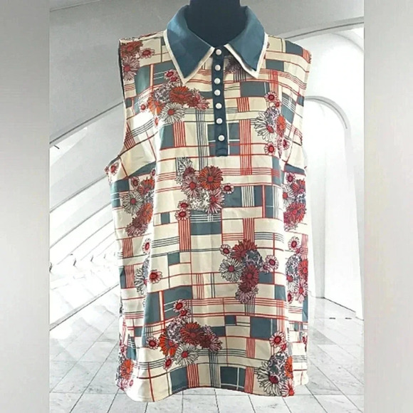 Mod Cloth Floral Pullover Sleeveless Satin Collar Green Tan Size XL - Picture 1 of 7